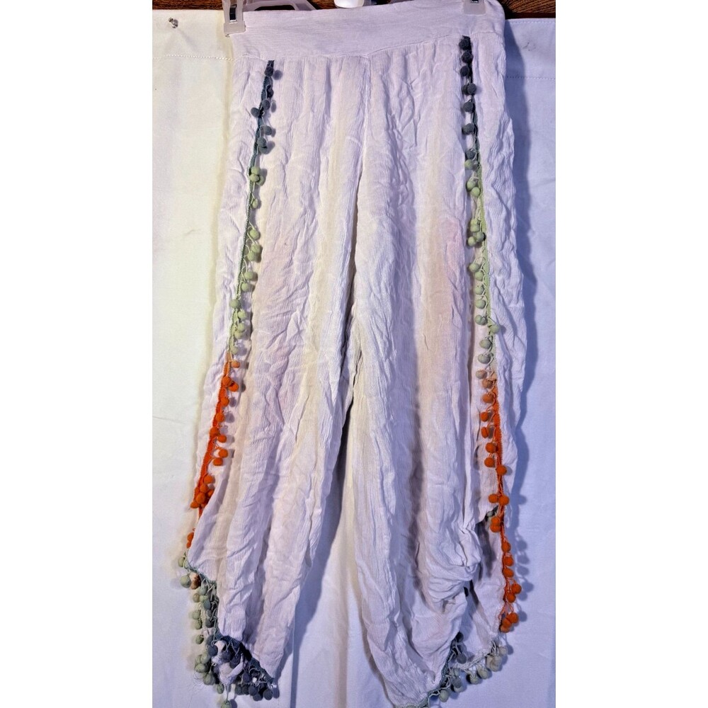 Boho Hippie Indie Pants Women's Medium M White Fringe Z & L Coastal Beach Crop - Picture 1 of 3